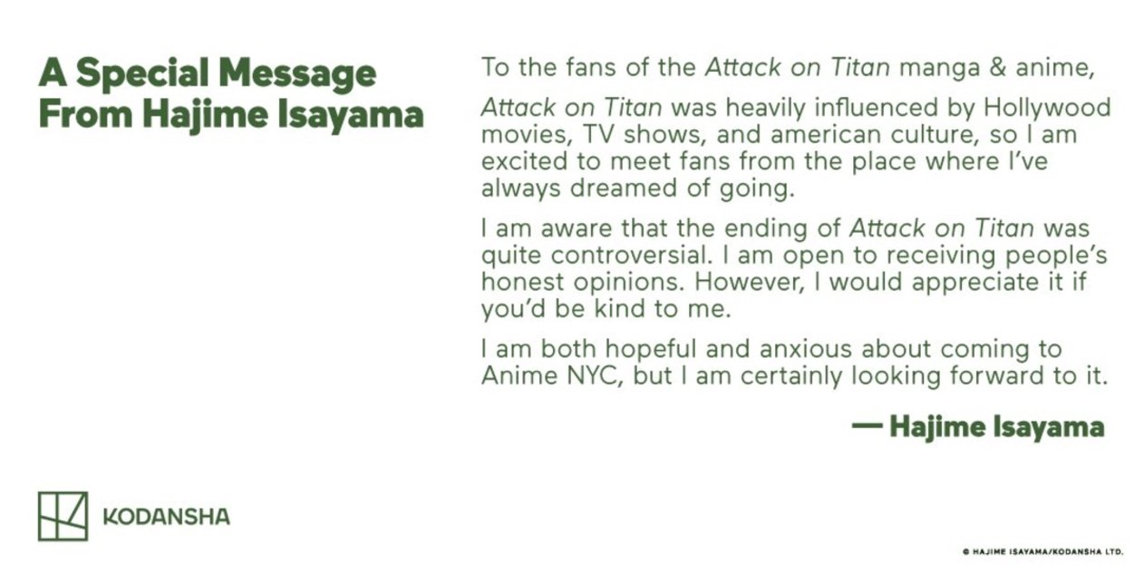 A través de Kodansha, Isayama ha declarado lo siguiente