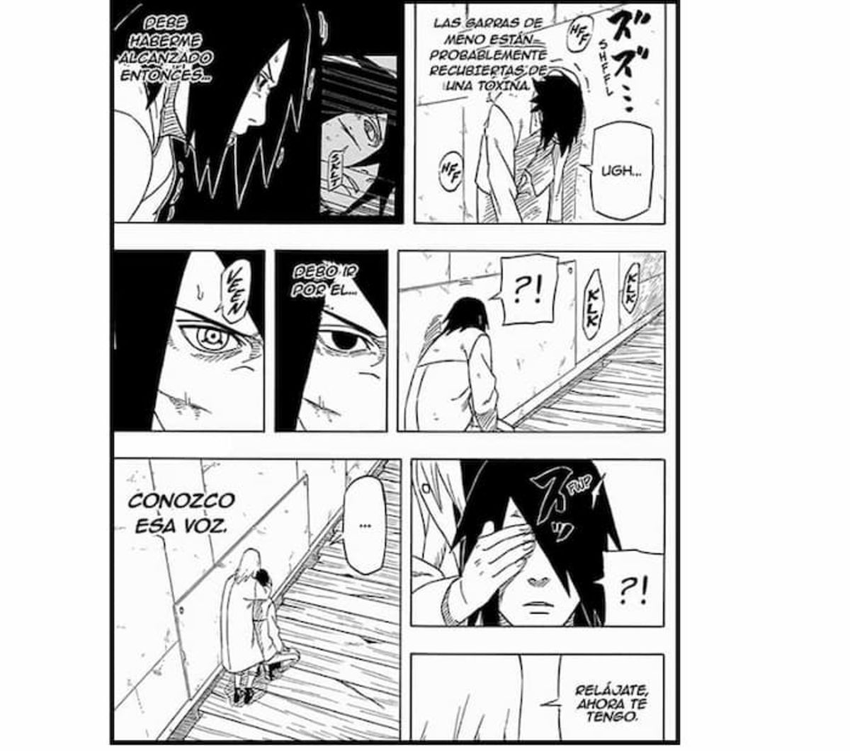 Sakura aborda a Sasuke para neutralizar la toxina del veneno que le indujo Meno a través de su garra