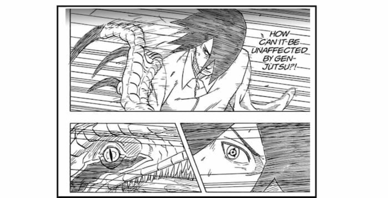 Sasuke al usar su Sharingan para neutralizar a Meno por medio de un genjutsu se da cuenta que este es inmune