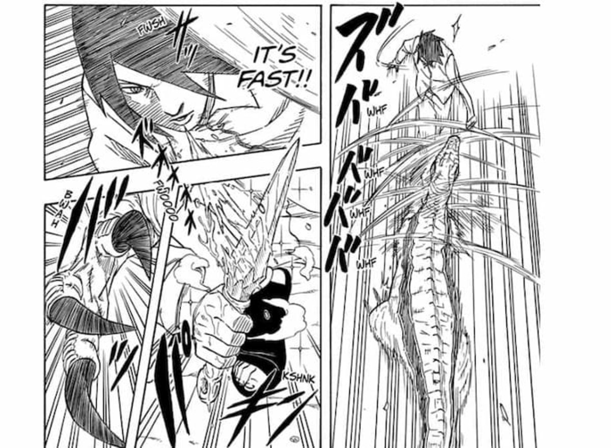 Sasuke usa su Kunai para detener a Meno, ya que el Sharingan no tuvo efecto en esta criatura