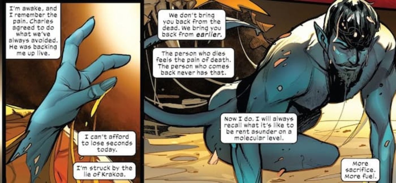 Nightcrawler después de resucitar. Imágenes extraídas del volumen #7 del cómic Immortal X-Men