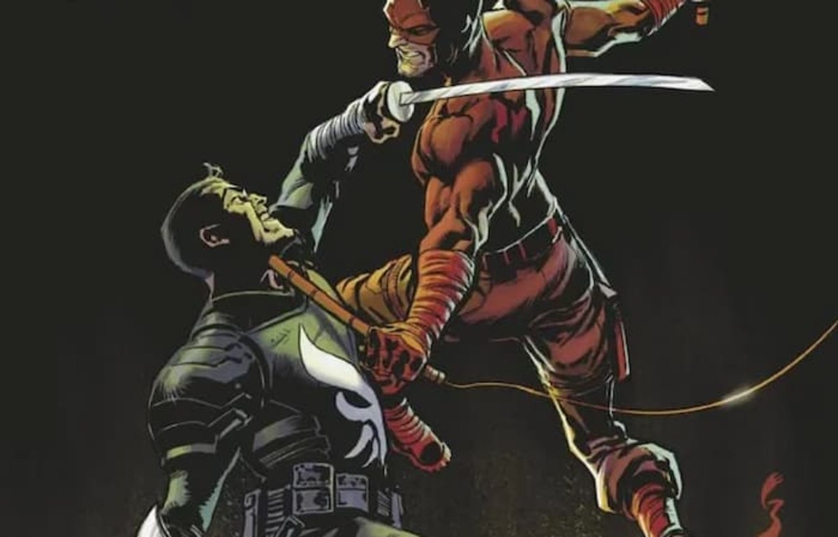 Daredevil y Punisher luchando. Imagen extraída de una portada variante del volumen #7 del cómic Punisher de Marvel
