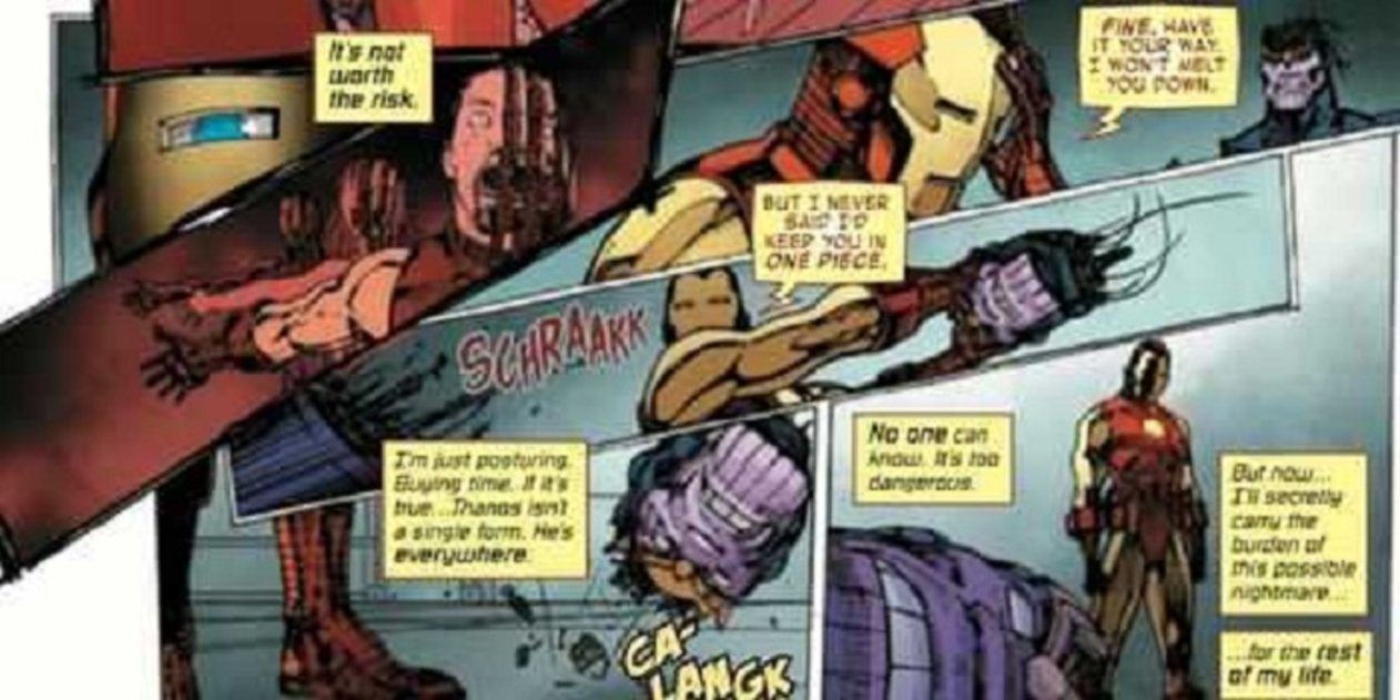 Iron Man cortándole la cabeza a la versión robótica de Thanos