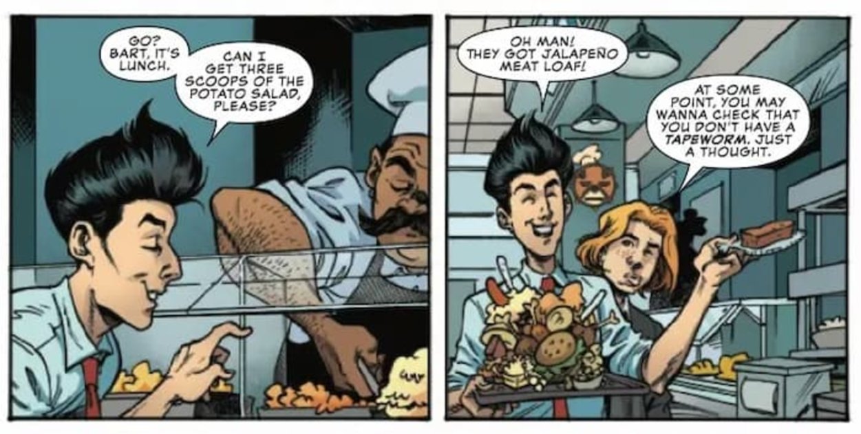 Gus consiguiendo comida. Imagen extraída del volumen #3 del cómic Damage Control