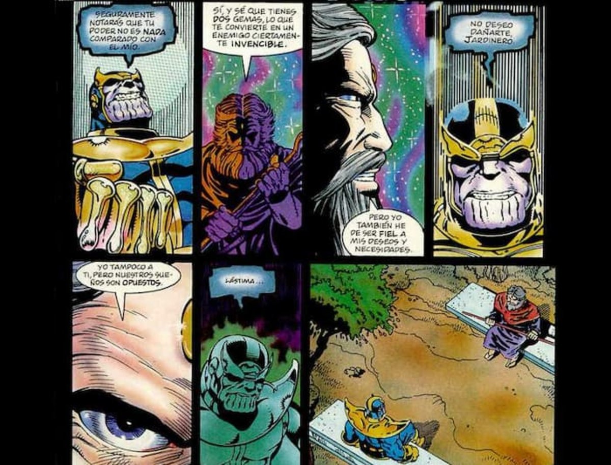 Thanos intentando razonar con el Jardinero