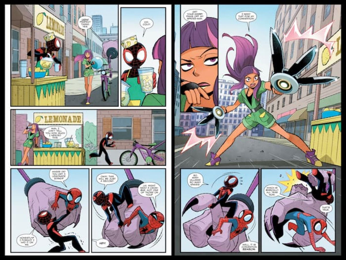 Miles liberando a Peter de la mano gigante en la que se encontraba atrapado