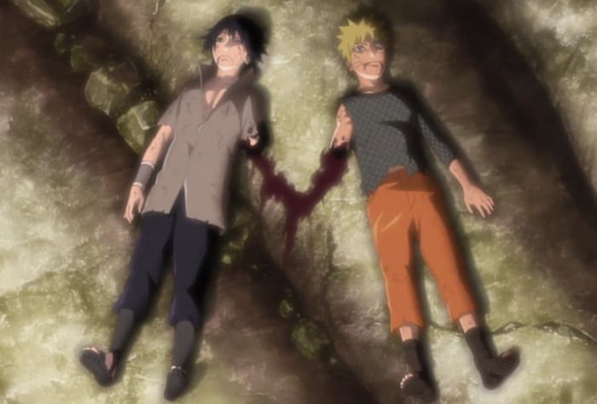 Sasuke y Naruto sin sus brazos después de la batalla final en el Valle del Fin
