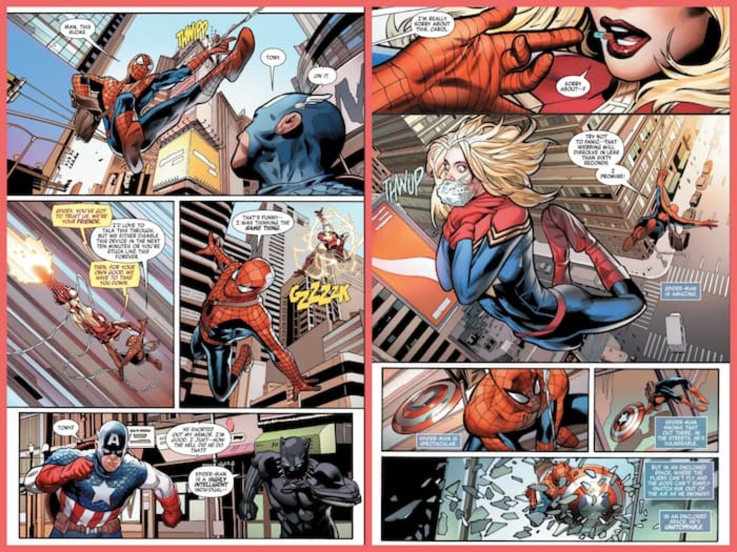 Spider-Man luchando y evadiendo a los Vengadores