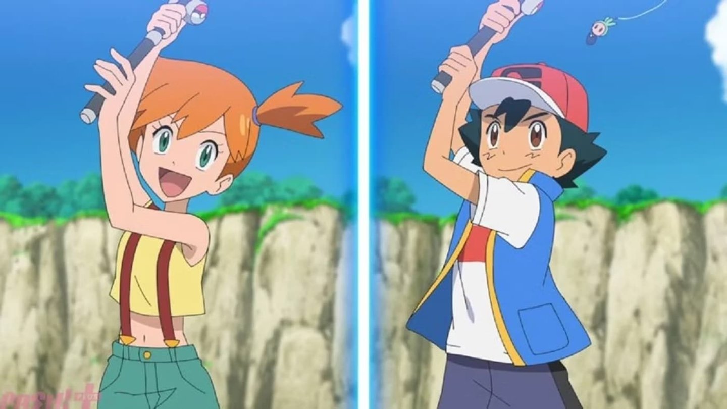 Ash y Misty en una competición de pesca