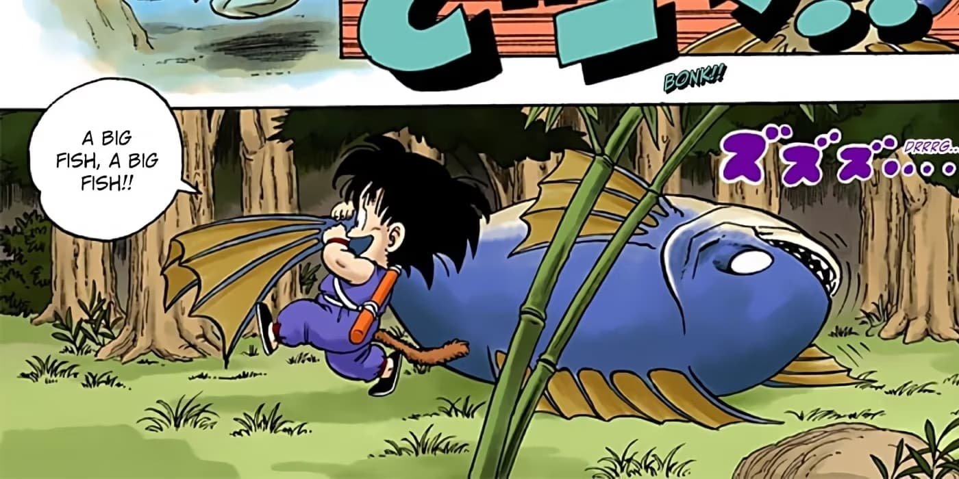 Goku pesca un pez gigantesco en el primer número de Dragon Ball