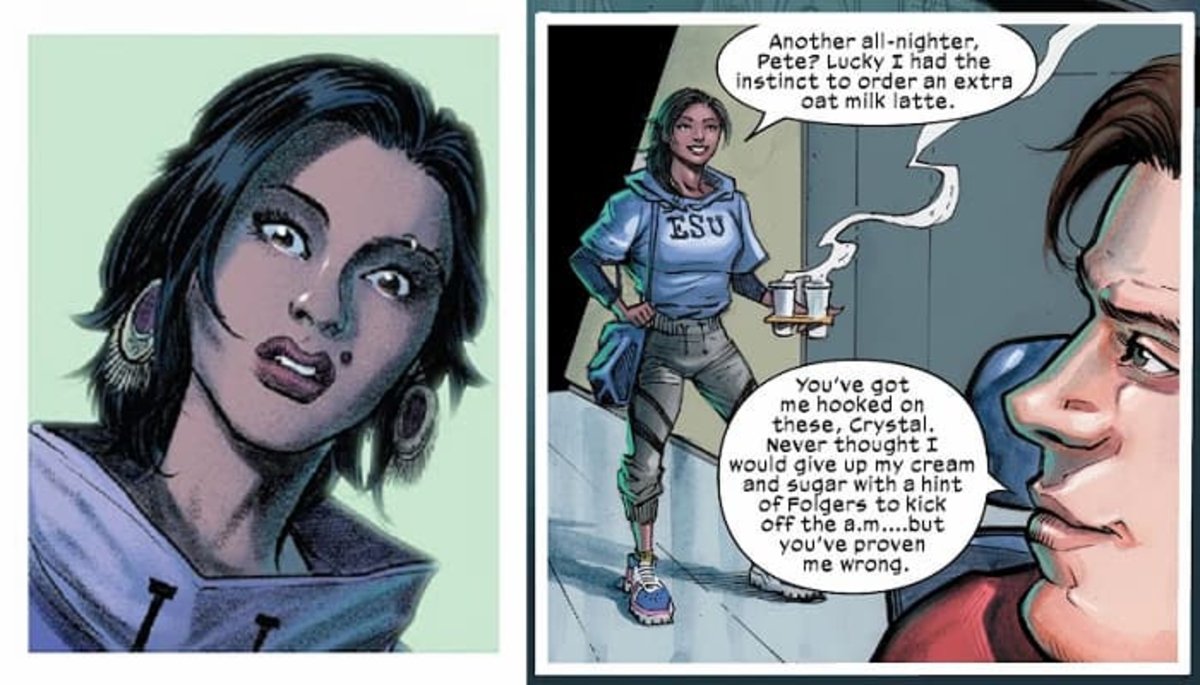 Crystal. Primera aparición de Crystal. Imágenes extraídas de diversas páginas de los volúmenes #1 y #2 del cómic Deadly Neighborhood Spider-Man