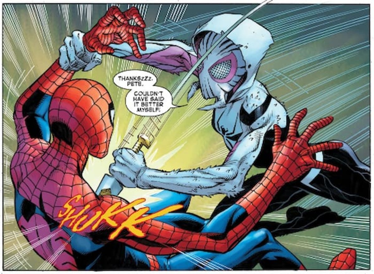 Spider-Man (Tierra-616) siendo apuñalado por Spider-Gwen convertida en una de las Avispas de Shathra