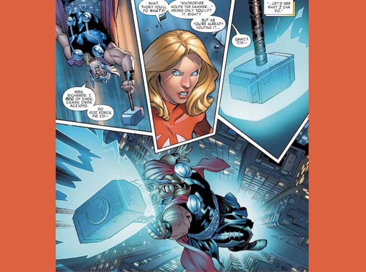 Sue Storm usando su campo de fuerza para dominar el Mjolnir, y enviar a Thor al espacio