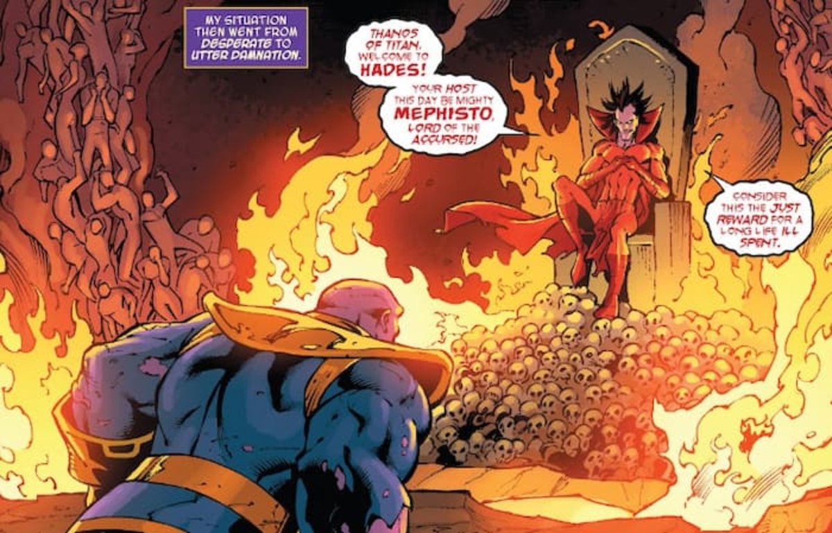 Thanos en el infierno, presenciando a Mephisto