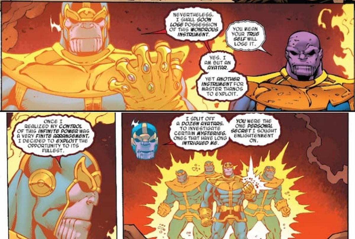 Un avatar o versión futura de Thanos contándole su plan al Thanos del pasado, en el infierno