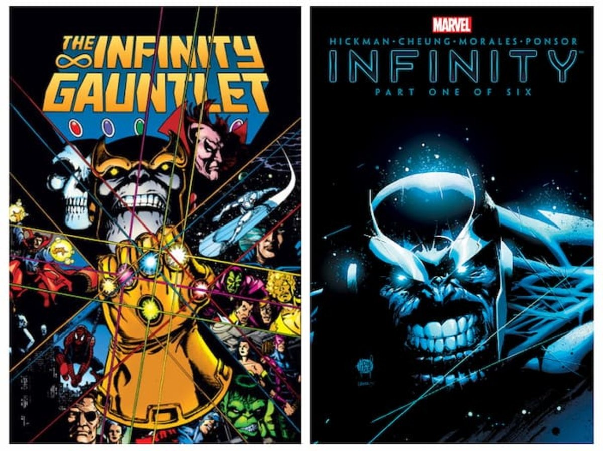 Portadas de los cómics The Infinity Gauntlet (1991) e Infinity (2013), de Marvel