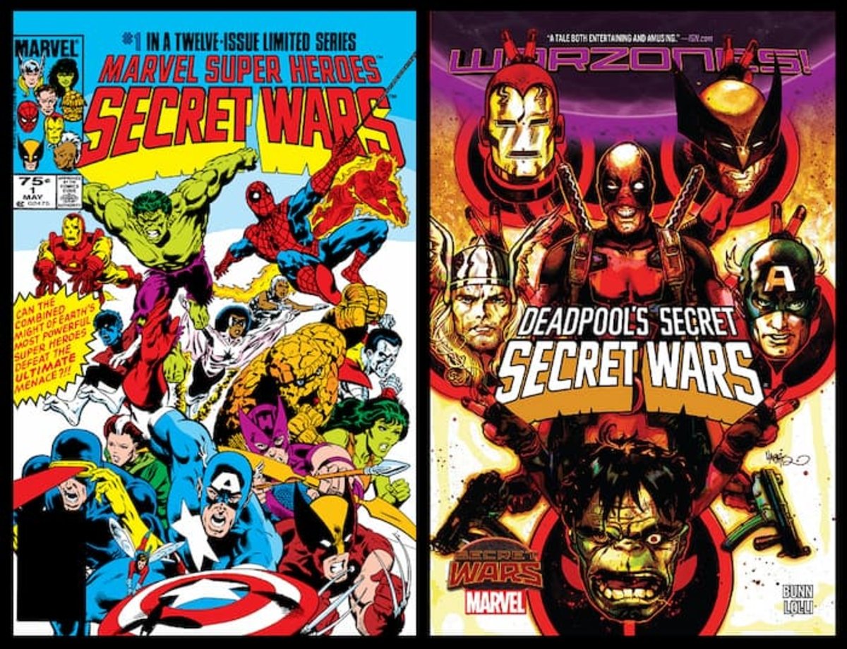 Portadas de los cómics Secret Wars (1984) y Deadpool's Secret Secret Wars (2016)
