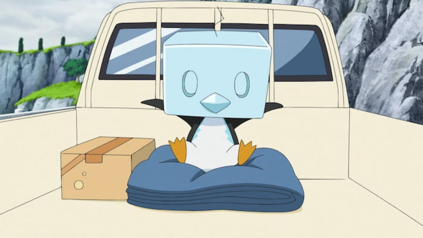 Eiscue es un pingüino con un cubo de hielo sobre la cabeza