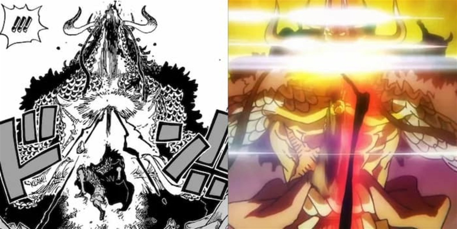 Escena de la pelea de Luffy vs. Kaido en el manga y en el anime