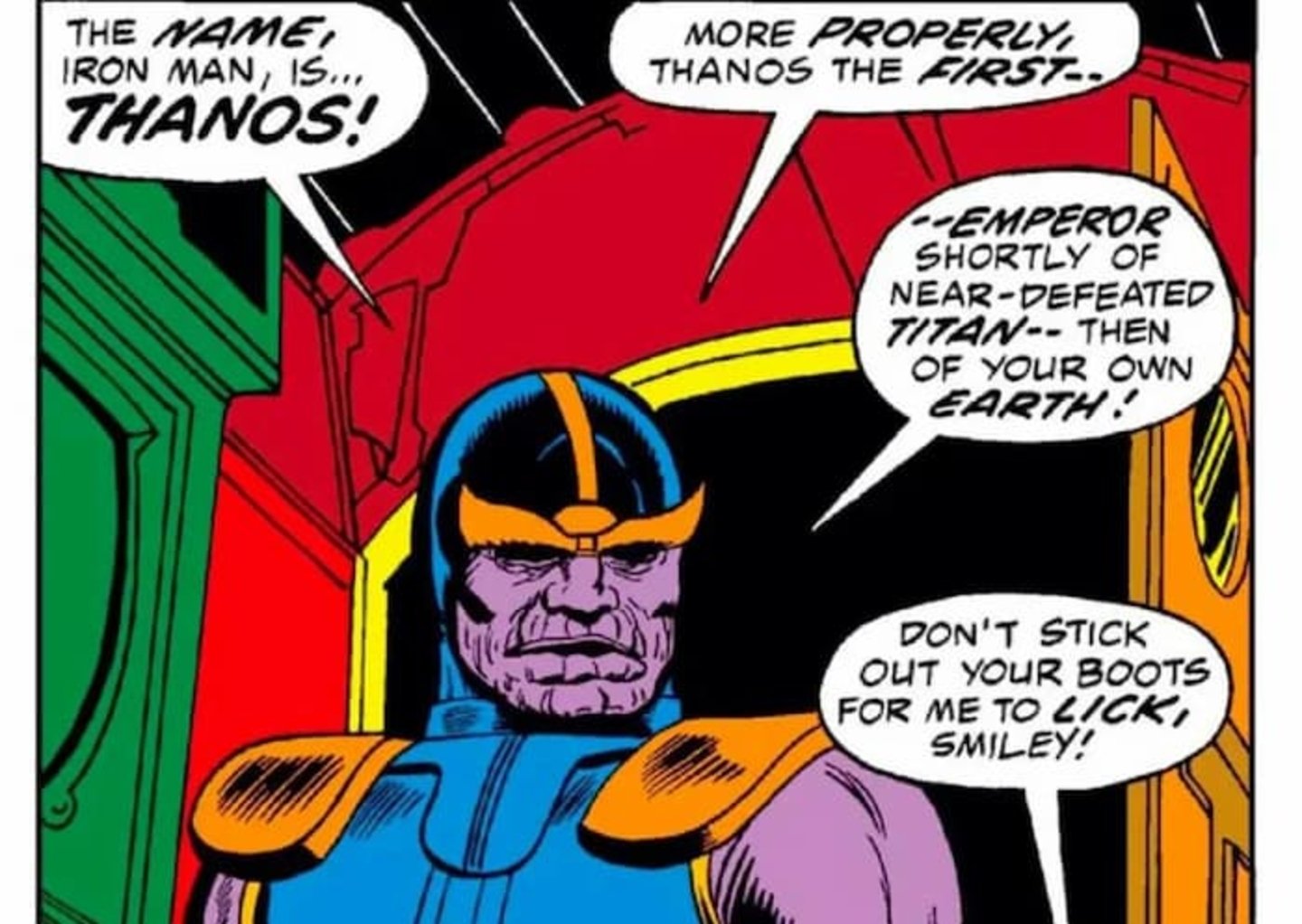 Primera aparición de Thanos en el volumen #55 del cómic Iron Man, en el año 1973