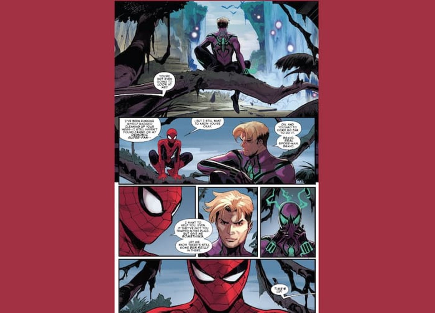 Spider-Man (Peter Parker) y Chasm (Ben Reilly) teniendo una conversación, imágenes extraídas de las últimas páginas del volumen #1 del cómic Dark Web Finale