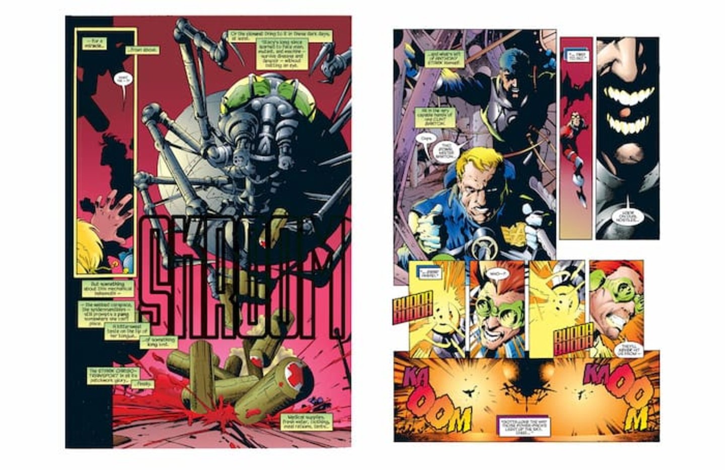 Tony Stark llegando en una araña gigante de hierro en el volumen #1 del cómic X-Universe