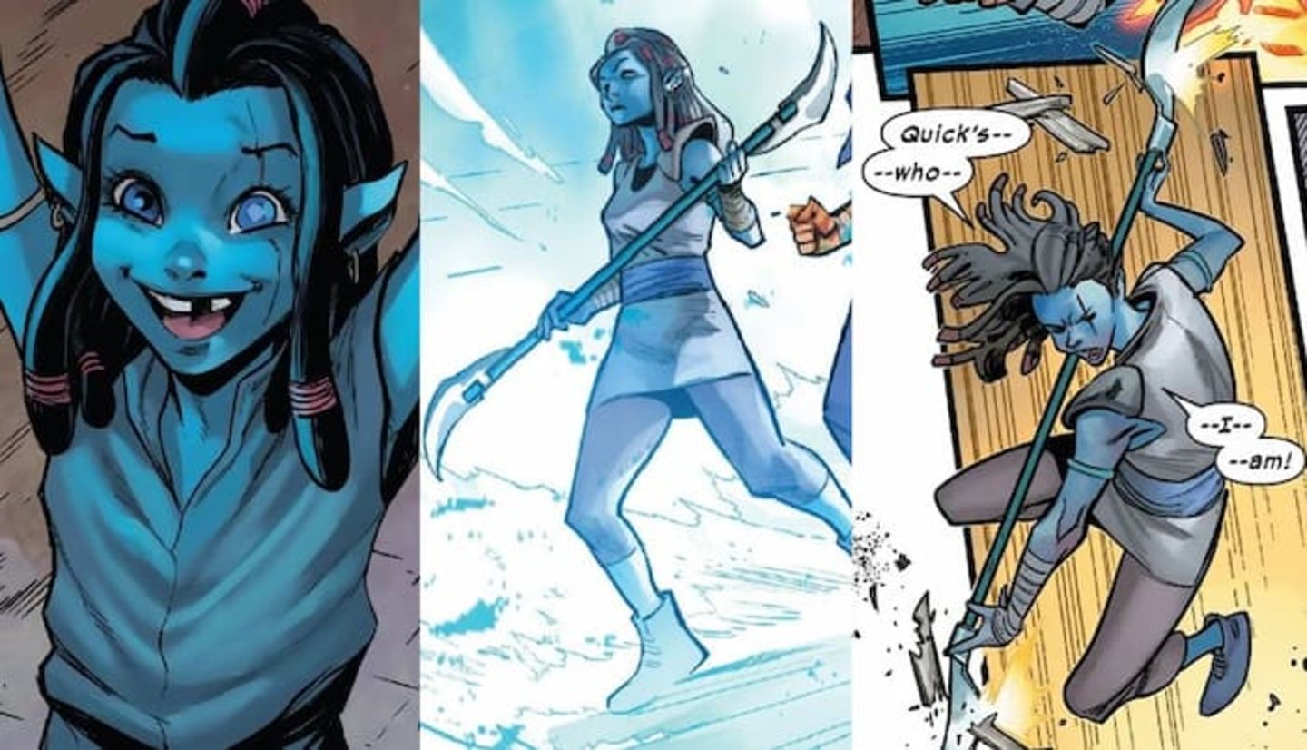 Loolo Marshall como una pequeña niña | Loolo Marshall en el reciente cómic Storm & the Brotherhood of Mutants, de Marvel, como Quick