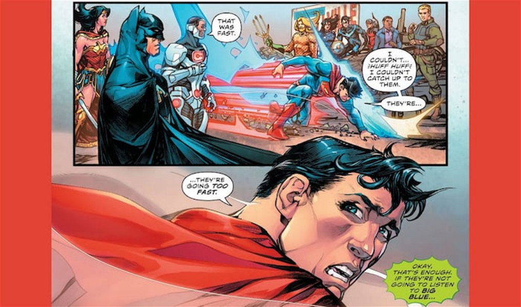 Superman regresando con sus compañeros, cansado y jadeando luego de no haber podido atrapar a los dos Flash