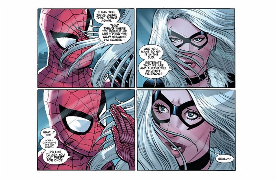 Spider-Man invitando a salir a Felicia Hardy
