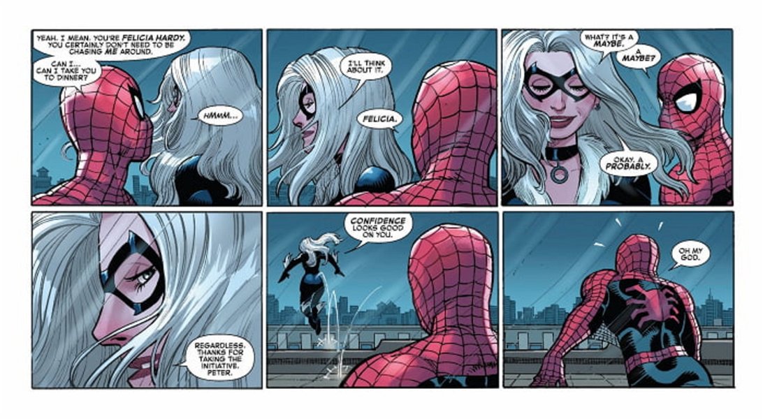 Felicia diciéndole a Spider-Man que "probablemente" saldrá con él y agradeciéndole a Peter por tener la iniciativa