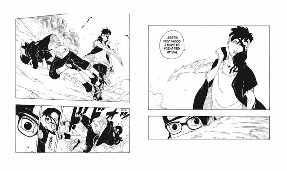 Kawaki intentando atacar a Sarada, sin contar con que Boruto se interpondría para salvar a su mejor amiga