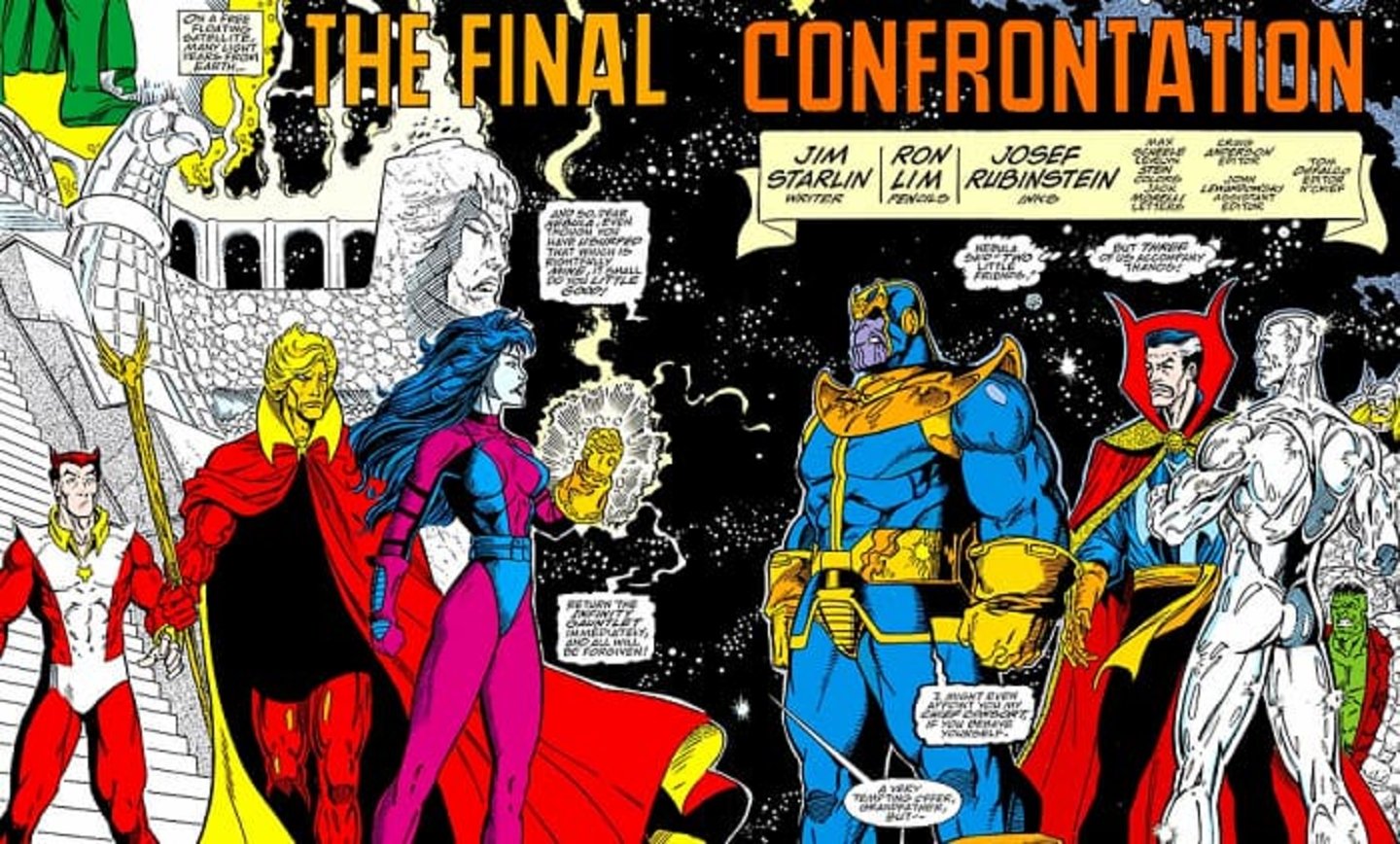 Nébula junto con otros héroes confrontando a su padre, Thanos