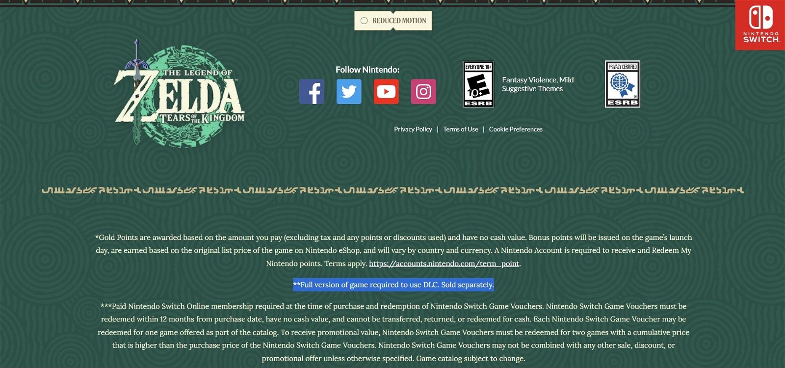 Parte de la web oficial de Zelda: Tears of the Kingdom donde se confirma que el juego contará con DLC