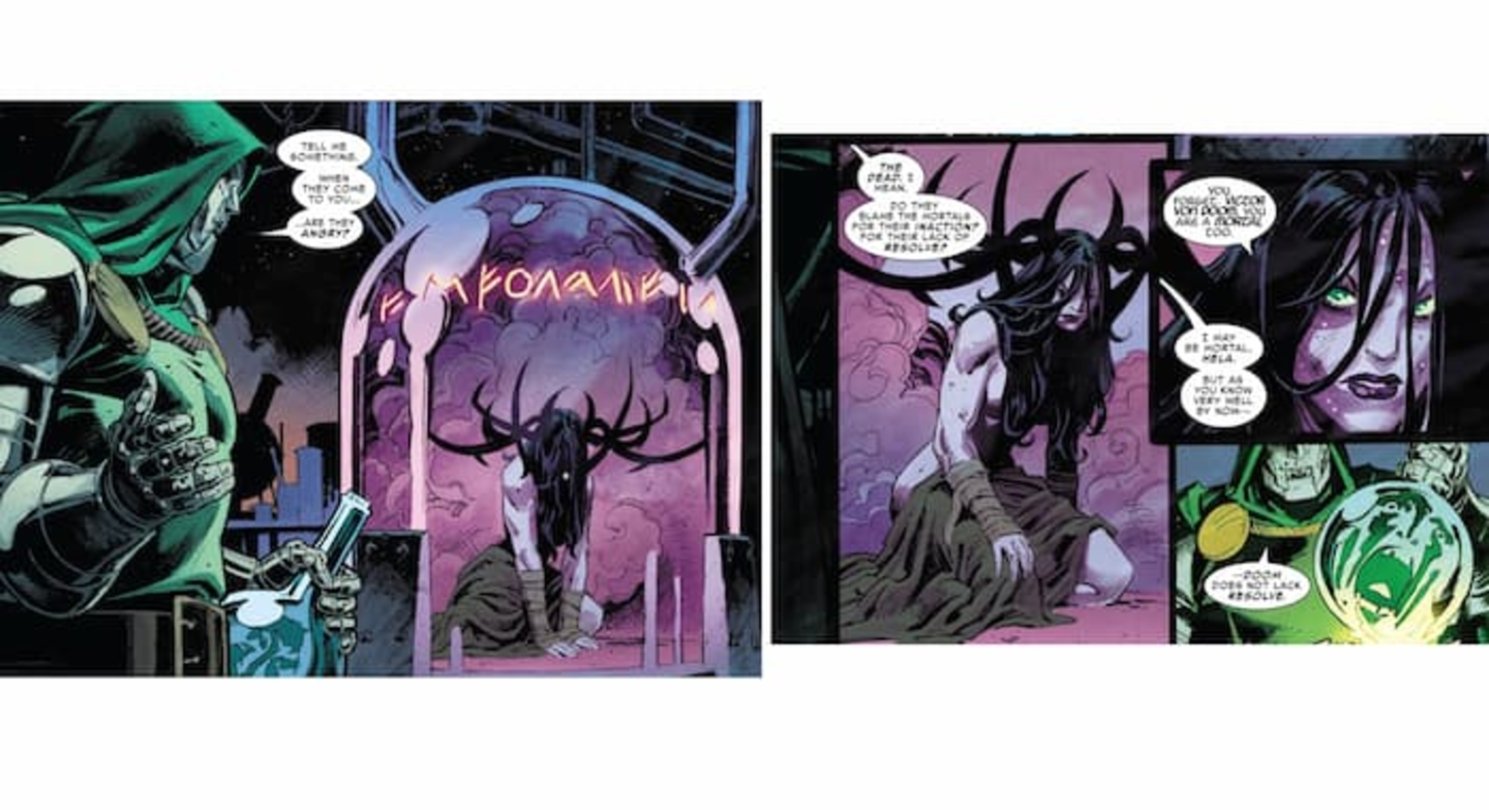 Doctor Doom explicándole su plan y sus motivaciones a Hela, la Diosa de los Muertos