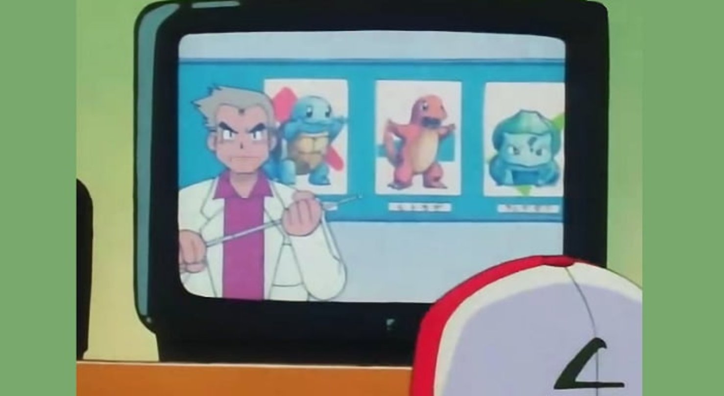 El anuncio del Profesor Oak, mostrando las tres opciones de Pokémon que le ofrecerá a la nueva generación de entrenadores