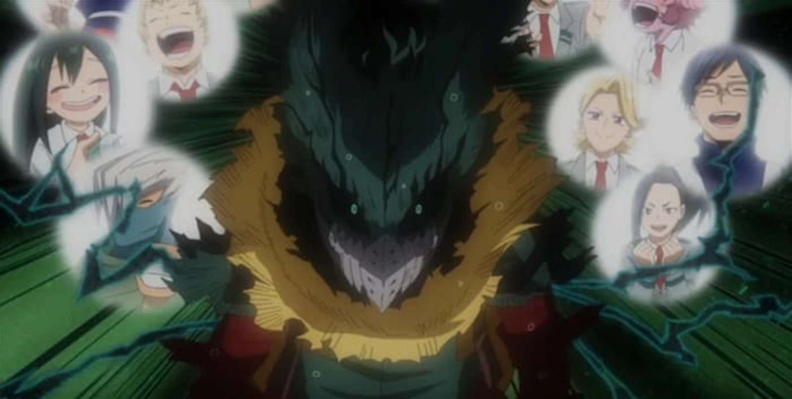 El aspecto de Deku Oscuro en el anime ha sido llevado a otro nivel, su look es bastante aterrador, asemejandose a una criatura demoniaca