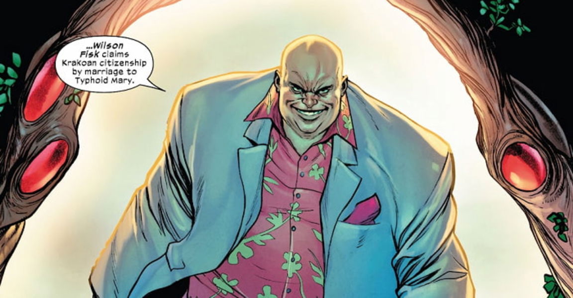 Wilson Fisk apareciendo en Krakoa, afirmando que solicitará la ciudadania de Krakoa por estar casado con Mary Tifoidea