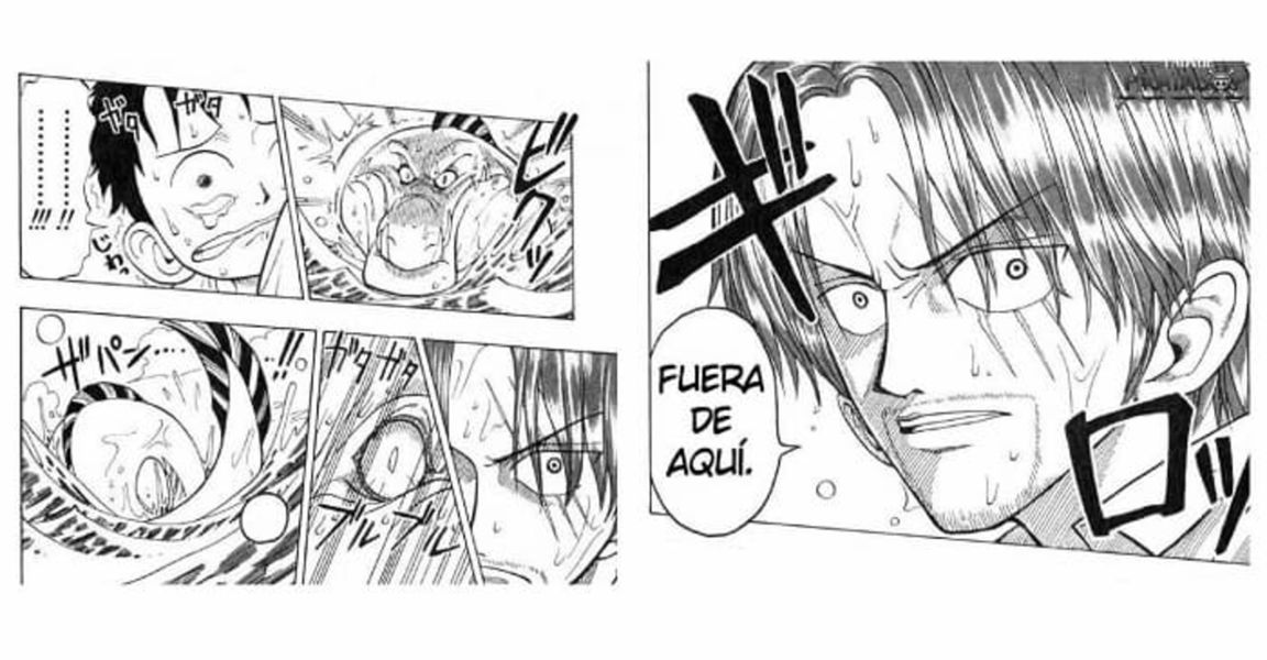 Shanks salvando a Luffy de ser comido por el Rey Marino
