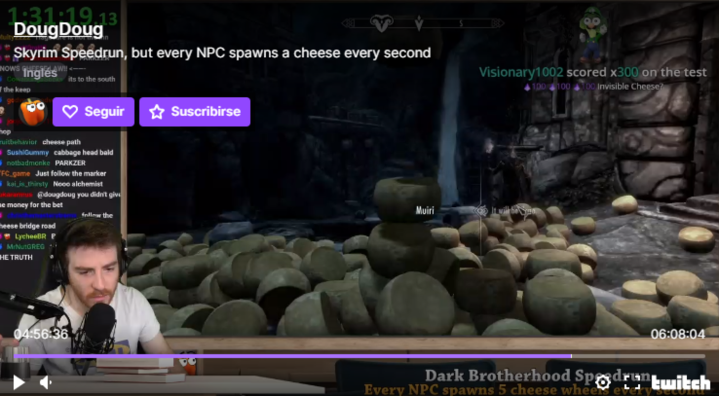 Un streamer provoca que los NPC de Skyrim generen piezas de queso casa segundo y es un absoluto caos