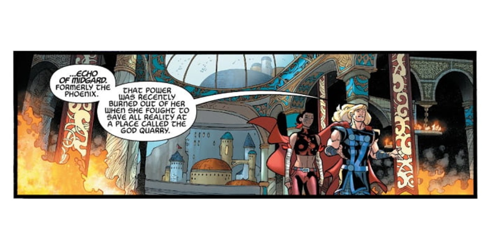 Thor explicando que Echo ha perdido sus poderes y ya no es más el Fénix