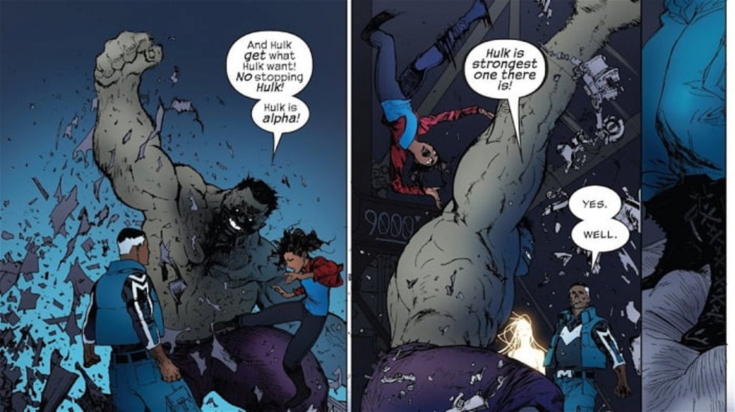 Ultimate Hulk afirmando que es el más fuerte, sin contar con lo que haría Blue Marvel después