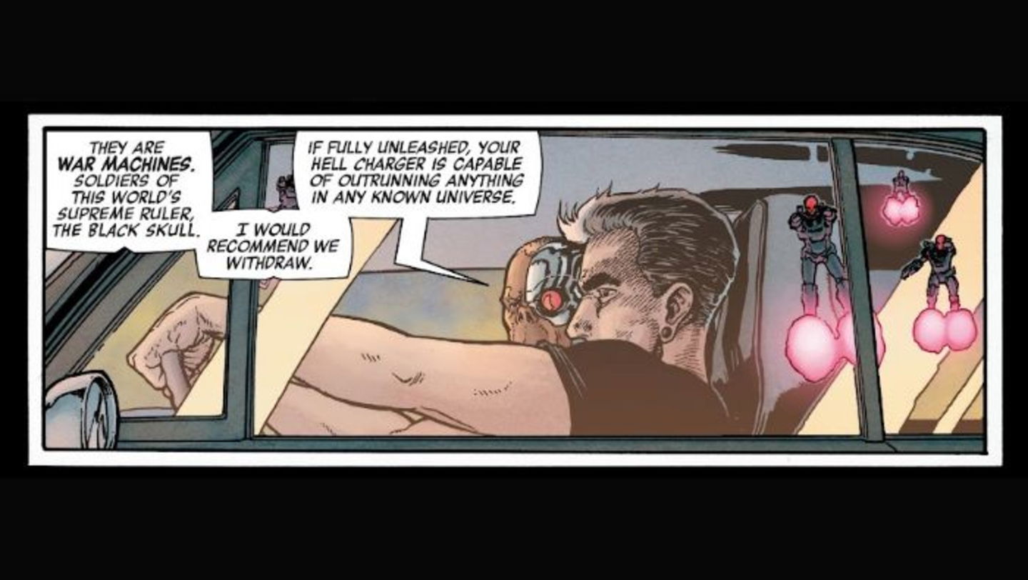 Deathlok afirmando que, si se desata su poder total, Hell Charger podría rebasar cualquier cosa en cualquier universo conocido
