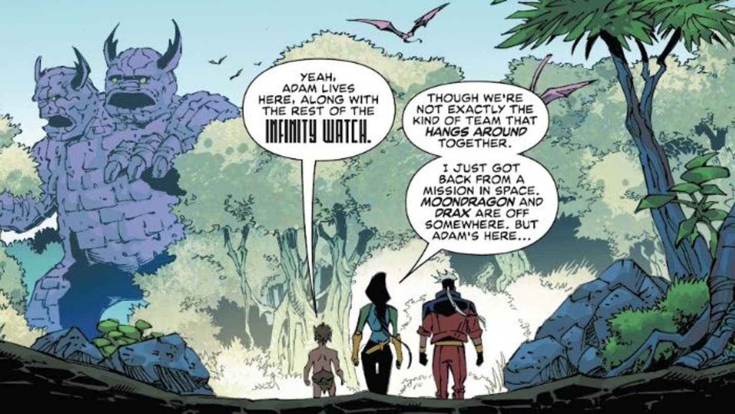 Gamora y Pip el Troll llevando a Genis-Vell hasta Adam, y hablándole acerca de Infinity Watch