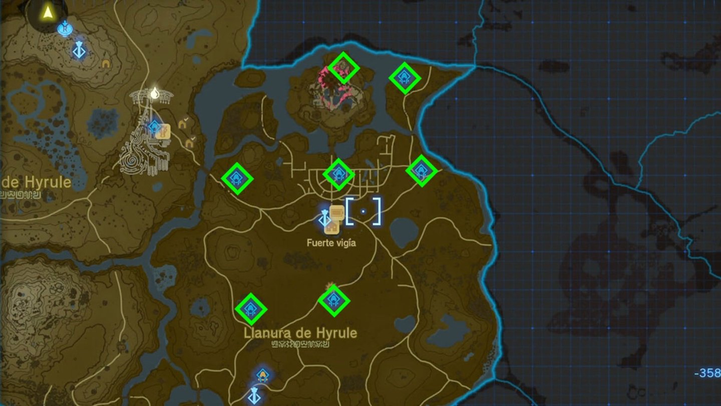 Mapa de santuarios en el centro de Hyrule