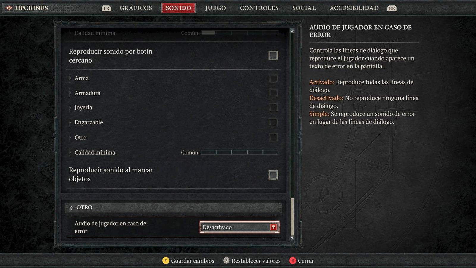 Menú de opciones de Sonido de Diablo IV