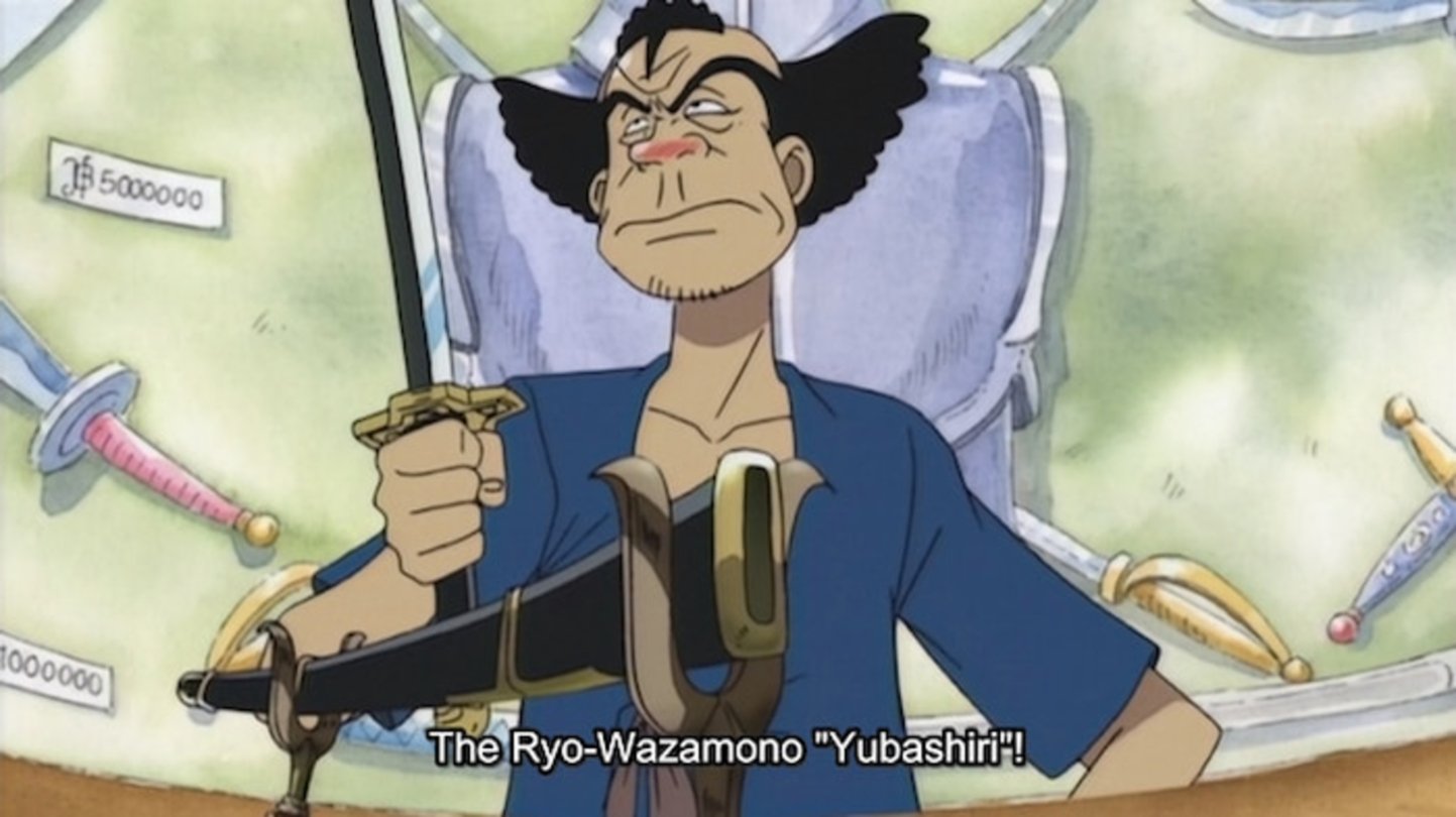 El dueño de la tienda de espadas en Loguetown queda impresionado por la hazaña de Zoro, así que decide regalarle la katana Yubashiri