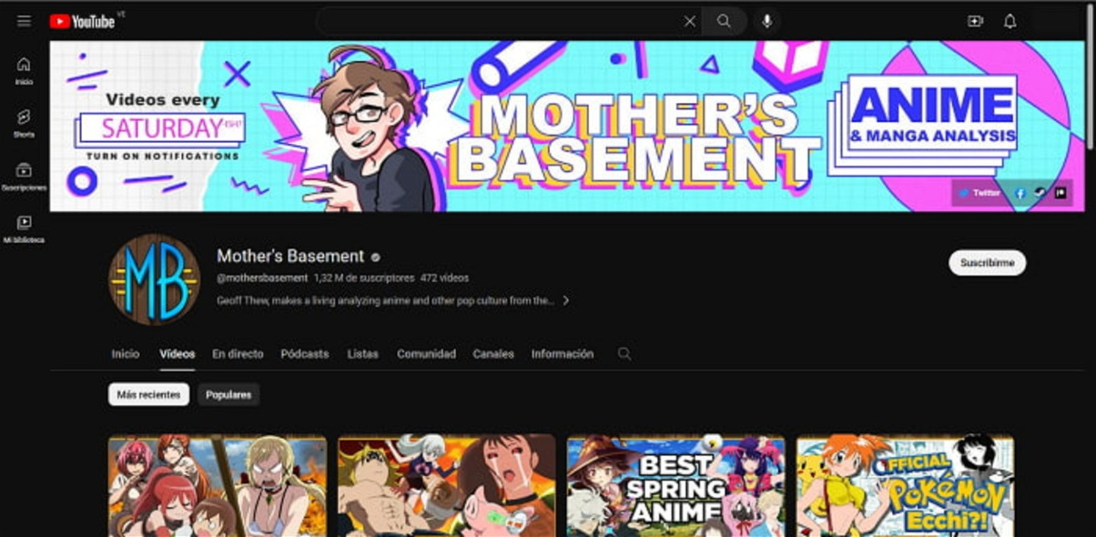 Entre los canales de Youtube de anime más populares, encontramos Mother’s Basement