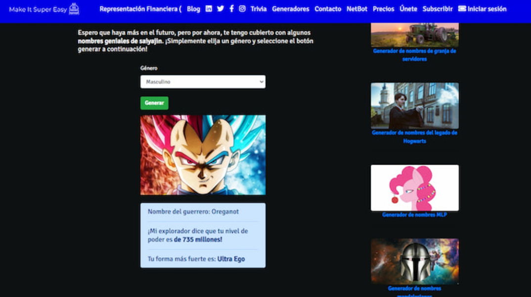 Make It Super Easy generador de nombres Saiyan