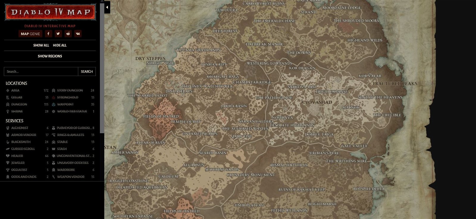 Mapa interactivo de MapGenie de Diablo IV
