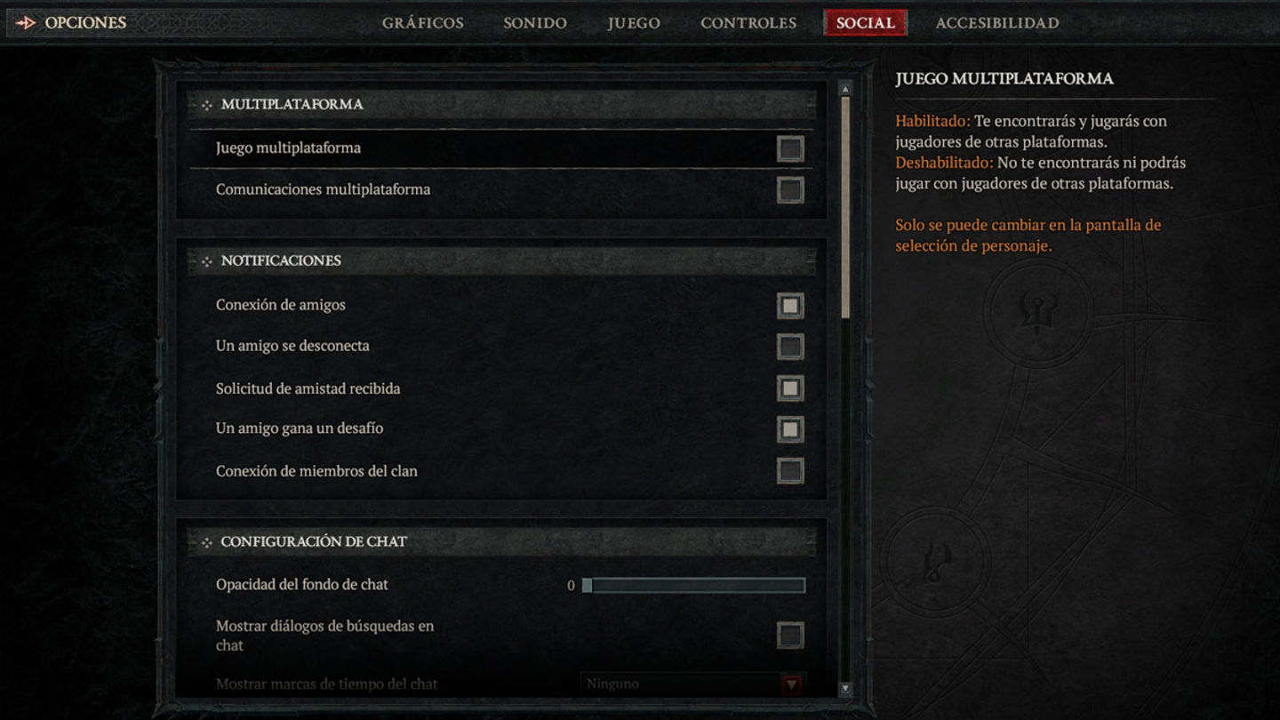 Opciones multiplataforma en Diablo IV